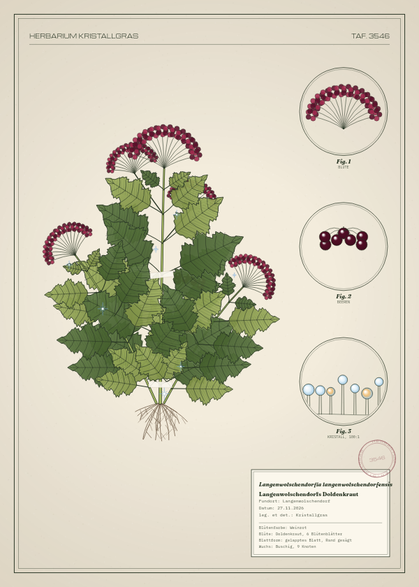 Botanische Tafel: Langenwolschendorfia langenwolschendorfensis, eine erfundene Pflanze aus Langenwolschendorf, gezeichnet wie in einem alten Pflanzenatlas