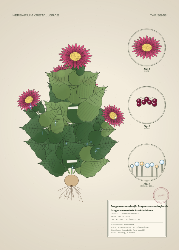 Botanische Tafel: Langenwetzendorfia langenwetzendorfensis, eine erfundene Pflanze aus Langenwetzendorf, gezeichnet wie in einem alten Pflanzenatlas
