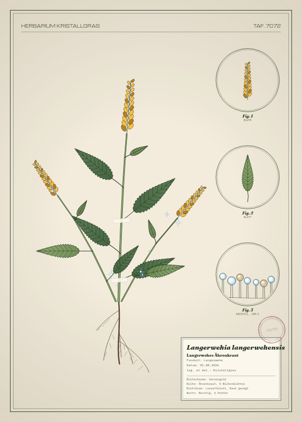 Botanische Tafel: Langerwehia langerwehensis, eine erfundene Pflanze aus Langerwehe, gezeichnet wie in einem alten Pflanzenatlas