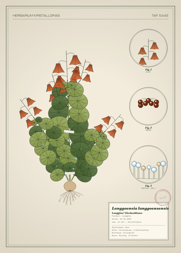 Botanische Tafel: Langgoensia langgoensensis, eine erfundene Pflanze aus Langgöns, gezeichnet wie in einem alten Pflanzenatlas