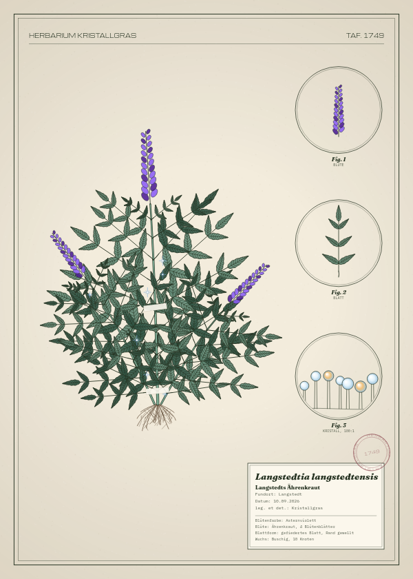 Botanische Tafel: Langstedtia langstedtensis, eine erfundene Pflanze aus Langstedt, gezeichnet wie in einem alten Pflanzenatlas