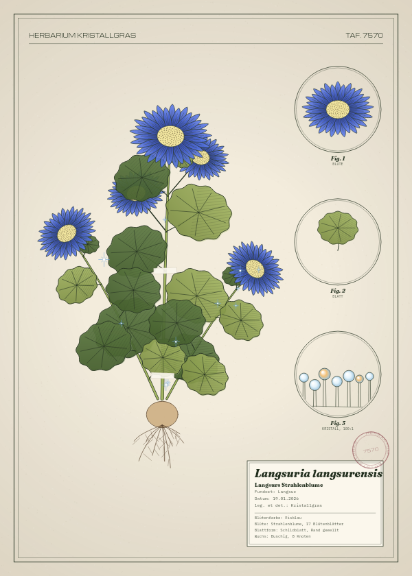 Botanische Tafel: Langsuria langsurensis, eine erfundene Pflanze aus Langsur, gezeichnet wie in einem alten Pflanzenatlas