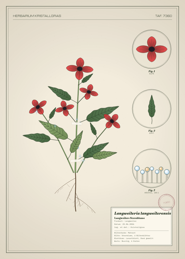Botanische Tafel: Langweileria langweilerensis, eine erfundene Pflanze aus Langweiler, gezeichnet wie in einem alten Pflanzenatlas