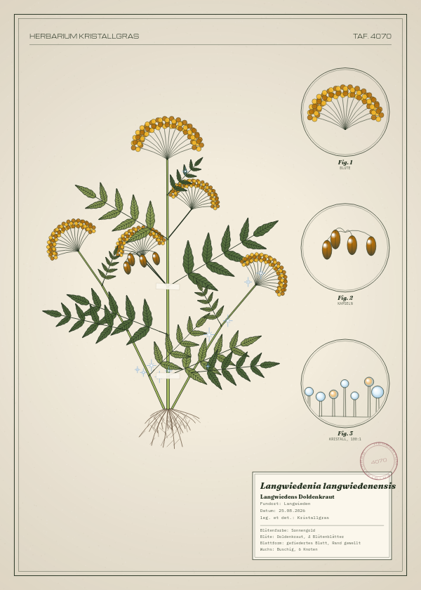 Botanische Tafel: Langwiedenia langwiedenensis, eine erfundene Pflanze aus Langwieden, gezeichnet wie in einem alten Pflanzenatlas