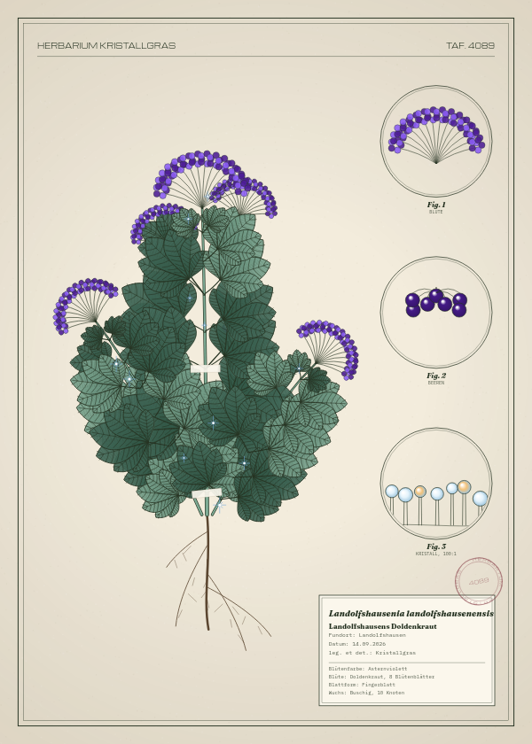 Botanische Tafel: Landolfshausenia landolfshausenensis, eine erfundene Pflanze aus Landolfshausen, gezeichnet wie in einem alten Pflanzenatlas