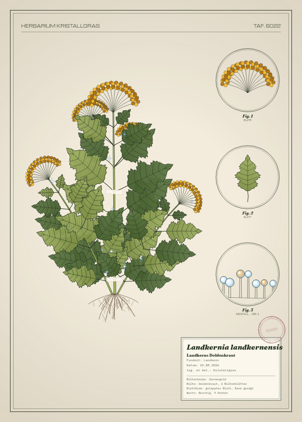 Botanische Tafel: Landkernia landkernensis, eine erfundene Pflanze aus Landkern, gezeichnet wie in einem alten Pflanzenatlas