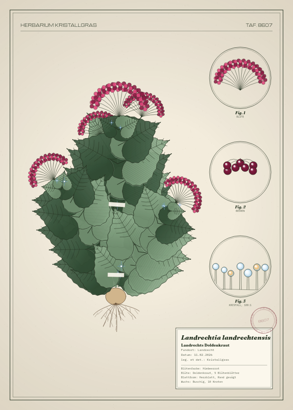 Botanische Tafel: Landrechtia landrechtensis, eine erfundene Pflanze aus Landrecht, gezeichnet wie in einem alten Pflanzenatlas