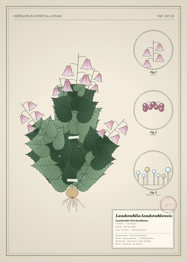 Botanische Tafel: Landstuhlia landstuhlensis, eine erfundene Pflanze aus Landstuhl, gezeichnet wie in einem alten Pflanzenatlas
