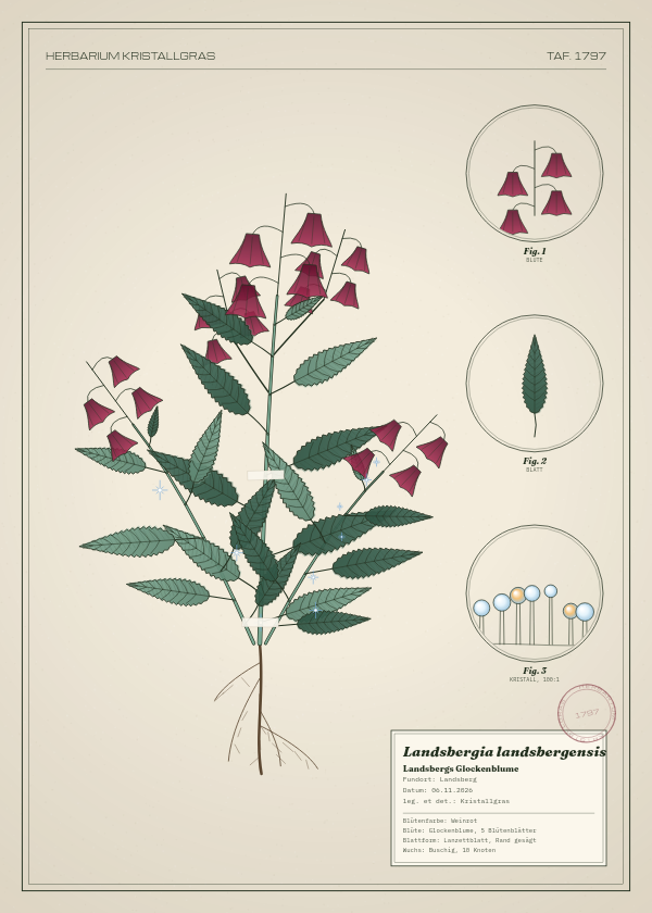 Botanische Tafel: Landsbergia landsbergensis, eine erfundene Pflanze aus Landsberg, gezeichnet wie in einem alten Pflanzenatlas