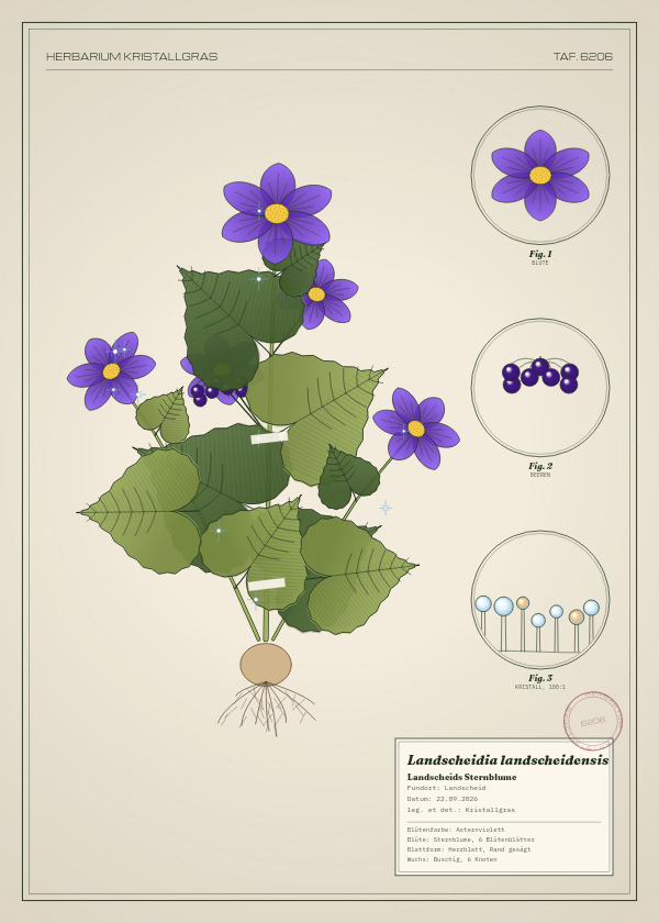 Botanische Tafel: Landscheidia landscheidensis, eine erfundene Pflanze aus Landscheid, gezeichnet wie in einem alten Pflanzenatlas