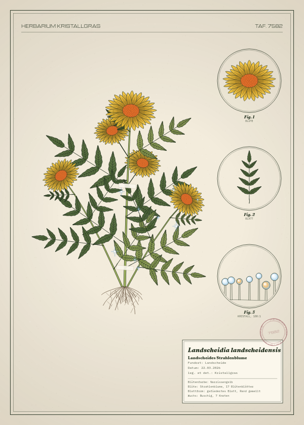 Botanische Tafel: Landscheidia landscheidensis, eine erfundene Pflanze aus Landscheide, gezeichnet wie in einem alten Pflanzenatlas