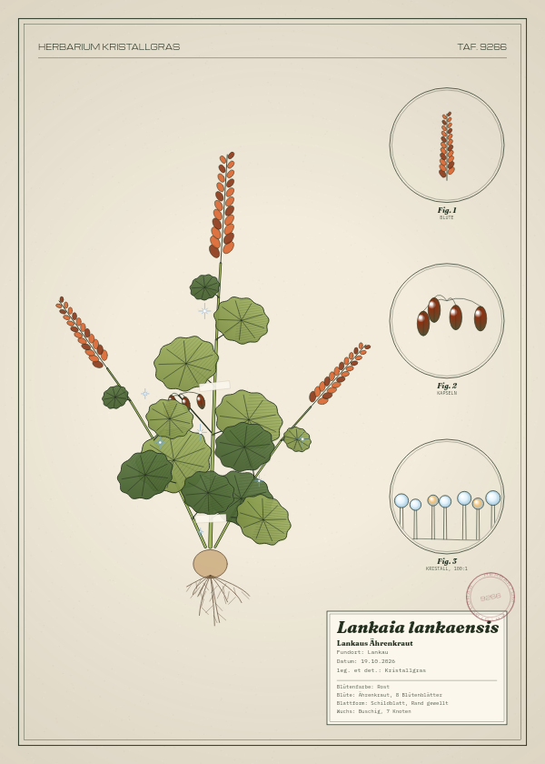 Botanische Tafel: Lankaia lankaensis, eine erfundene Pflanze aus Lankau, gezeichnet wie in einem alten Pflanzenatlas