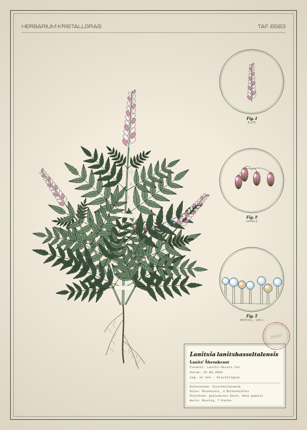 Botanische Tafel: Lanitzia lanitzhasseltalensis, eine erfundene Pflanze aus Lanitz-Hassel-Tal, gezeichnet wie in einem alten Pflanzenatlas