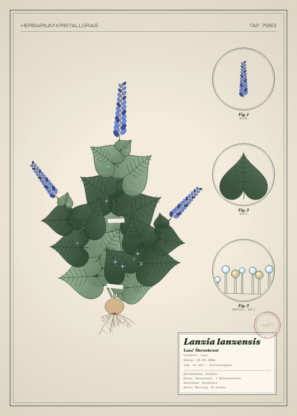 Botanische Tafel: Lanzia lanzensis, eine erfundene Pflanze aus Lanz, gezeichnet wie in einem alten Pflanzenatlas