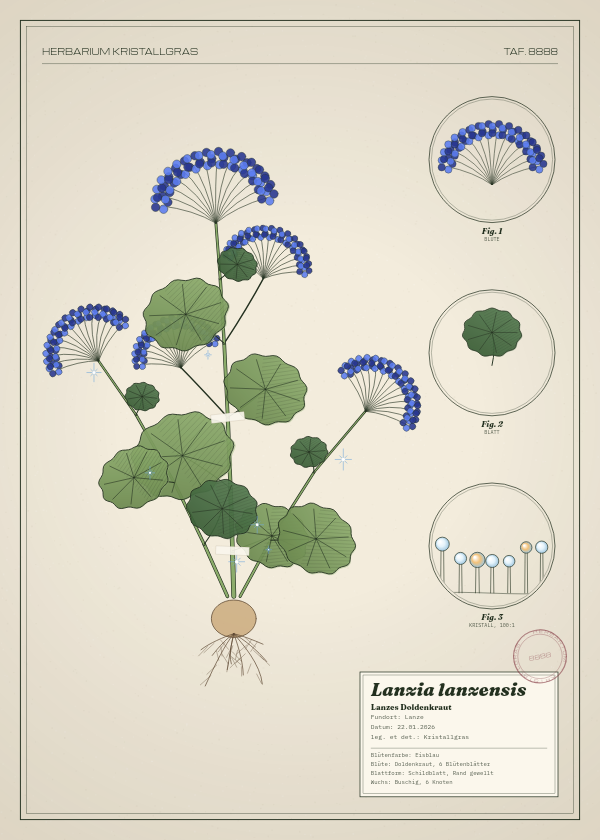 Botanische Tafel: Lanzia lanzensis, eine erfundene Pflanze aus Lanze, gezeichnet wie in einem alten Pflanzenatlas