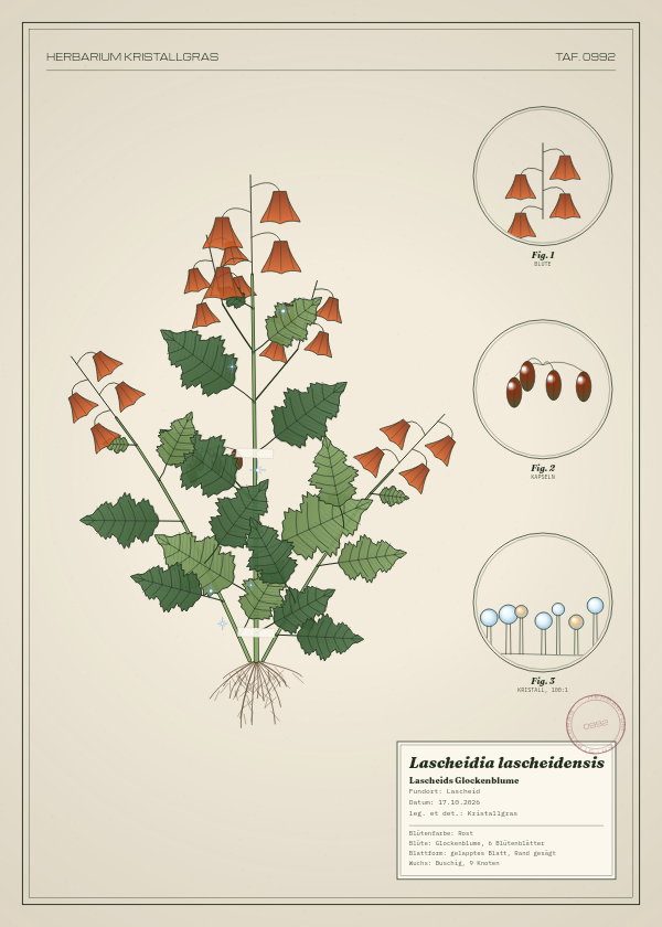 Botanische Tafel: Lascheidia lascheidensis, eine erfundene Pflanze aus Lascheid, gezeichnet wie in einem alten Pflanzenatlas