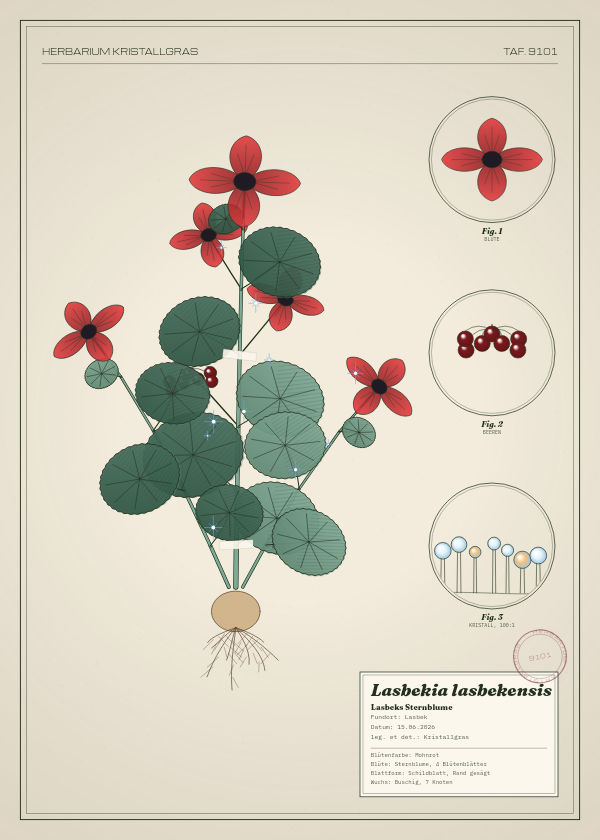 Botanische Tafel: Lasbekia lasbekensis, eine erfundene Pflanze aus Lasbek, gezeichnet wie in einem alten Pflanzenatlas