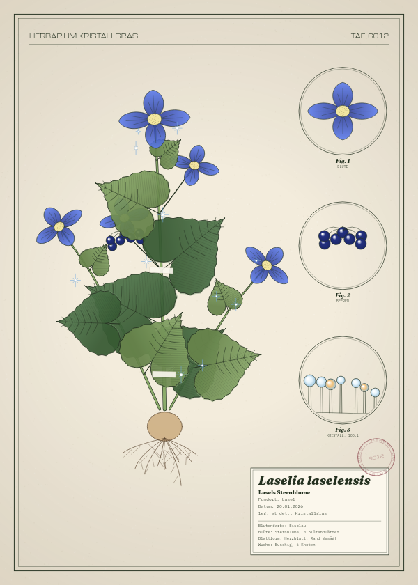 Botanische Tafel: Laselia laselensis, eine erfundene Pflanze aus Lasel, gezeichnet wie in einem alten Pflanzenatlas