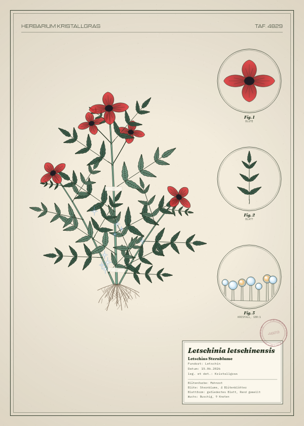 Botanische Tafel: Letschinia letschinensis, eine erfundene Pflanze aus Letschin, gezeichnet wie in einem alten Pflanzenatlas