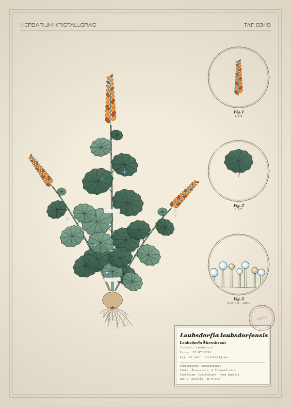 Botanische Tafel: Leubsdorfia leubsdorfensis, eine erfundene Pflanze aus Leubsdorf, gezeichnet wie in einem alten Pflanzenatlas