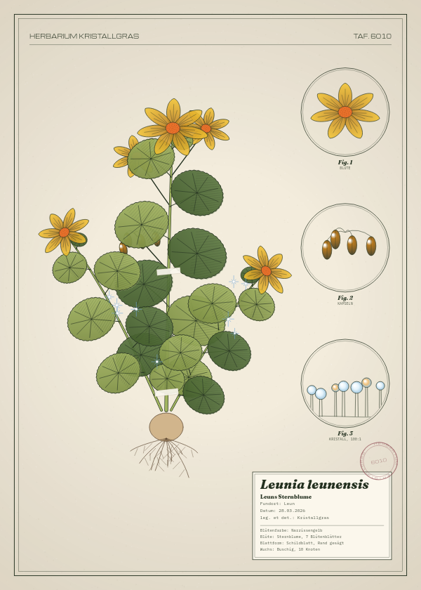 Botanische Tafel: Leunia leunensis, eine erfundene Pflanze aus Leun, gezeichnet wie in einem alten Pflanzenatlas