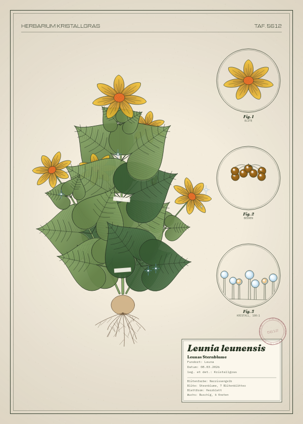 Botanische Tafel: Leunia leunensis, eine erfundene Pflanze aus Leuna, gezeichnet wie in einem alten Pflanzenatlas