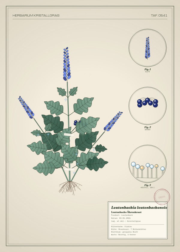 Botanische Tafel: Leutenbachia leutenbachensis, eine erfundene Pflanze aus Leutenbach, gezeichnet wie in einem alten Pflanzenatlas