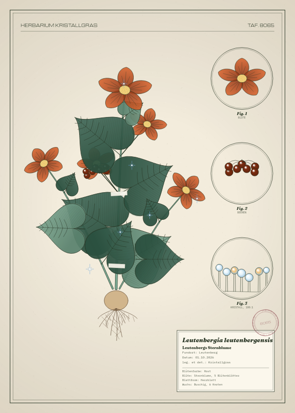 Botanische Tafel: Leutenbergia leutenbergensis, eine erfundene Pflanze aus Leutenberg, gezeichnet wie in einem alten Pflanzenatlas