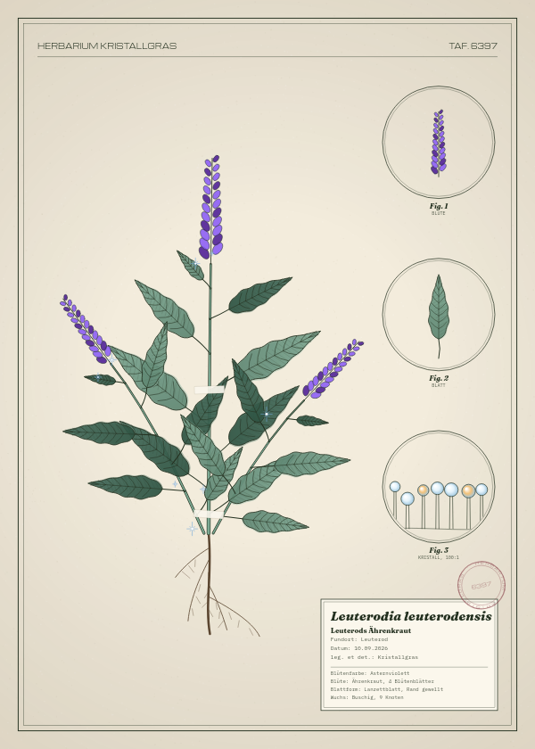 Botanische Tafel: Leuterodia leuterodensis, eine erfundene Pflanze aus Leuterod, gezeichnet wie in einem alten Pflanzenatlas
