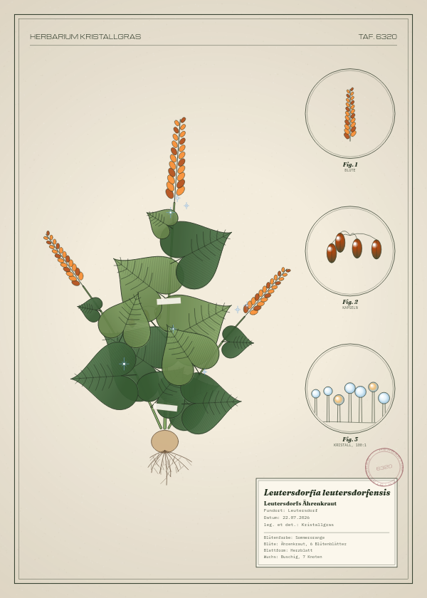 Botanische Tafel: Leutersdorfia leutersdorfensis, eine erfundene Pflanze aus Leutersdorf, gezeichnet wie in einem alten Pflanzenatlas