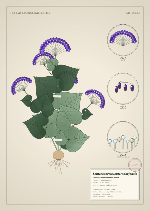Botanische Tafel: Leutersdorfia leutersdorfensis, eine erfundene Pflanze aus Leutersdorf, gezeichnet wie in einem alten Pflanzenatlas