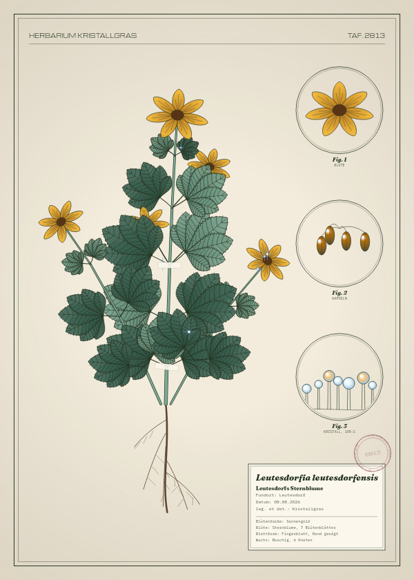 Botanische Tafel: Leutesdorfia leutesdorfensis, eine erfundene Pflanze aus Leutesdorf, gezeichnet wie in einem alten Pflanzenatlas