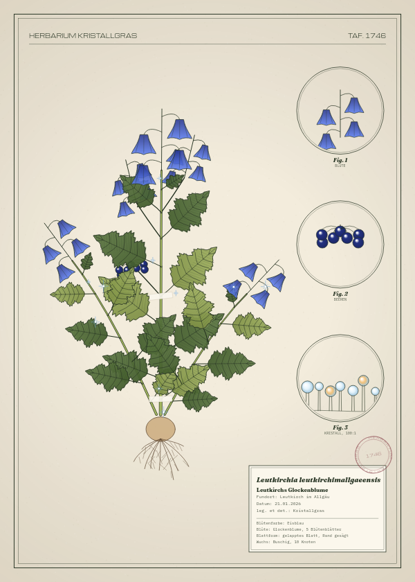 Botanische Tafel: Leutkirchia leutkirchimallgaeensis, eine erfundene Pflanze aus Leutkirch im Allgäu, gezeichnet wie in einem alten Pflanzenatlas