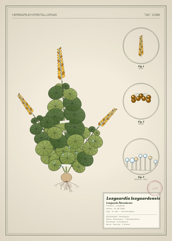 Botanische Tafel: Lexgaardia lexgaardensis, eine erfundene Pflanze aus Lexgaard, gezeichnet wie in einem alten Pflanzenatlas
