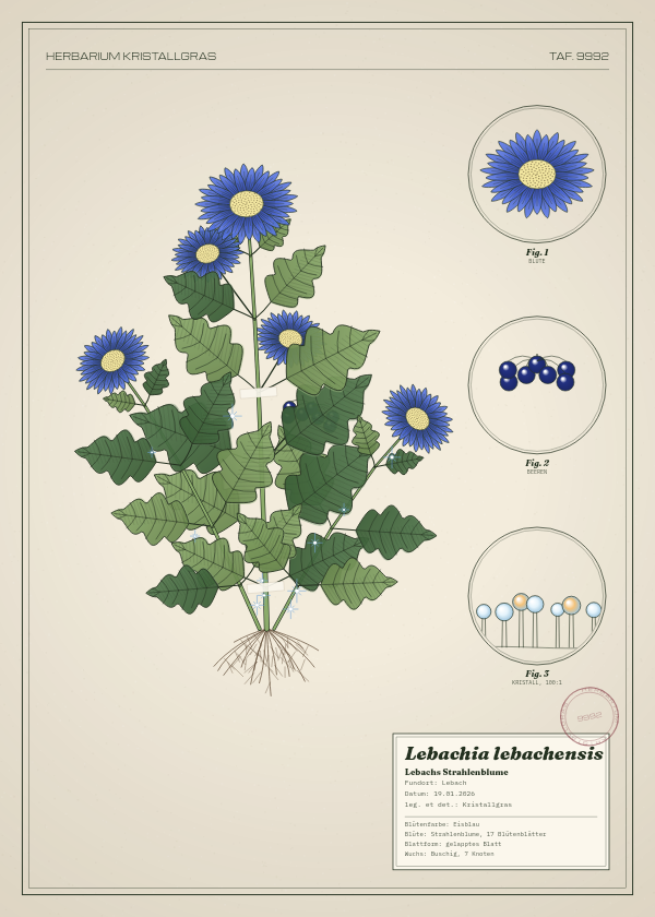 Botanische Tafel: Lebachia lebachensis, eine erfundene Pflanze aus Lebach, gezeichnet wie in einem alten Pflanzenatlas