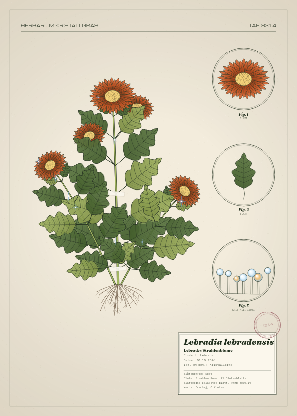 Botanische Tafel: Lebradia lebradensis, eine erfundene Pflanze aus Lebrade, gezeichnet wie in einem alten Pflanzenatlas