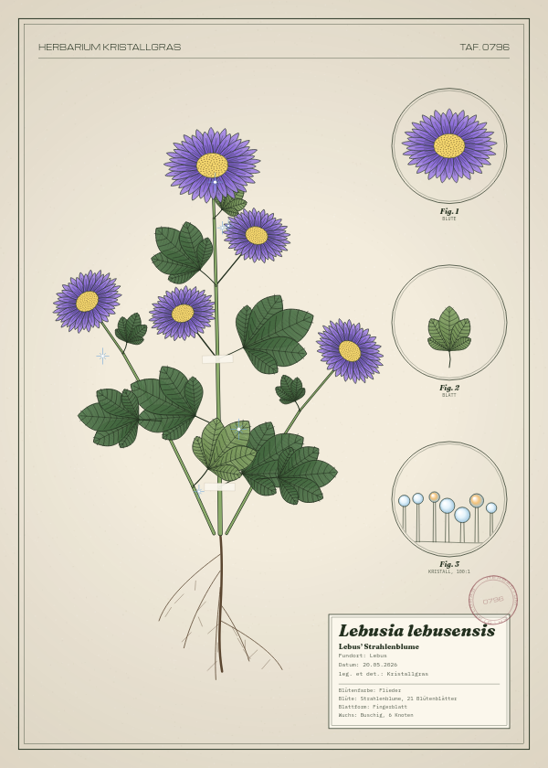 Botanische Tafel: Lebusia lebusensis, eine erfundene Pflanze aus Lebus, gezeichnet wie in einem alten Pflanzenatlas