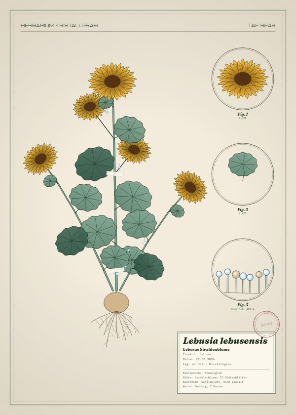 Botanische Tafel: Lebusia lebusensis, eine erfundene Pflanze aus Lebusa, gezeichnet wie in einem alten Pflanzenatlas