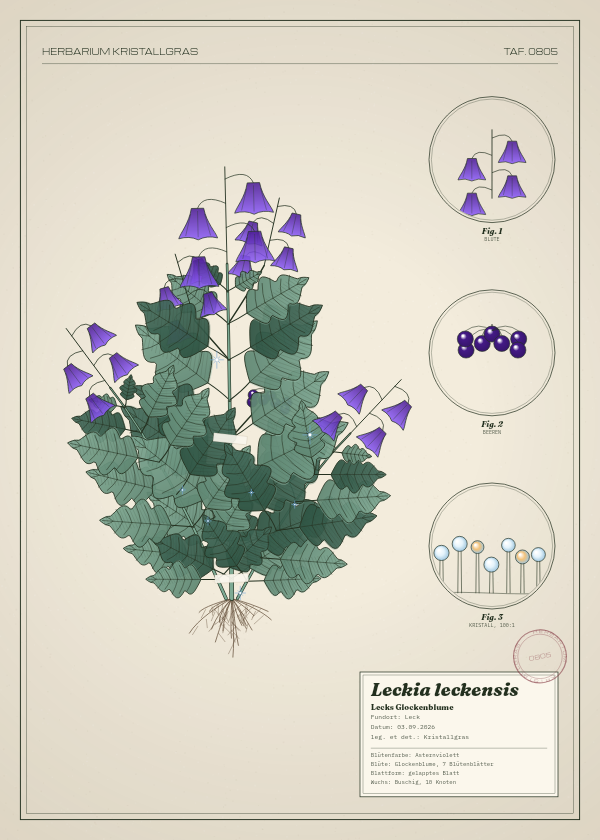 Botanische Tafel: Leckia leckensis, eine erfundene Pflanze aus Leck, gezeichnet wie in einem alten Pflanzenatlas