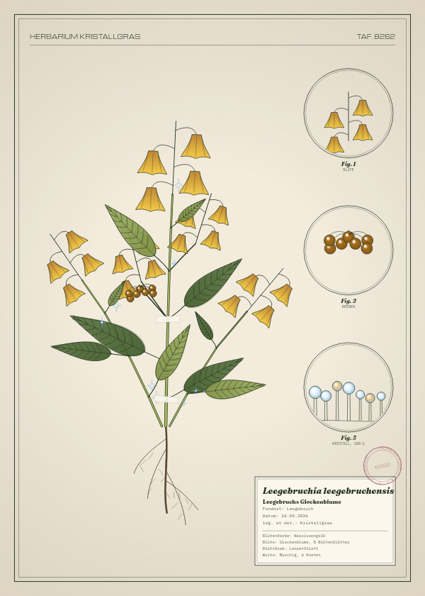 Botanische Tafel: Leegebruchia leegebruchensis, eine erfundene Pflanze aus Leegebruch, gezeichnet wie in einem alten Pflanzenatlas