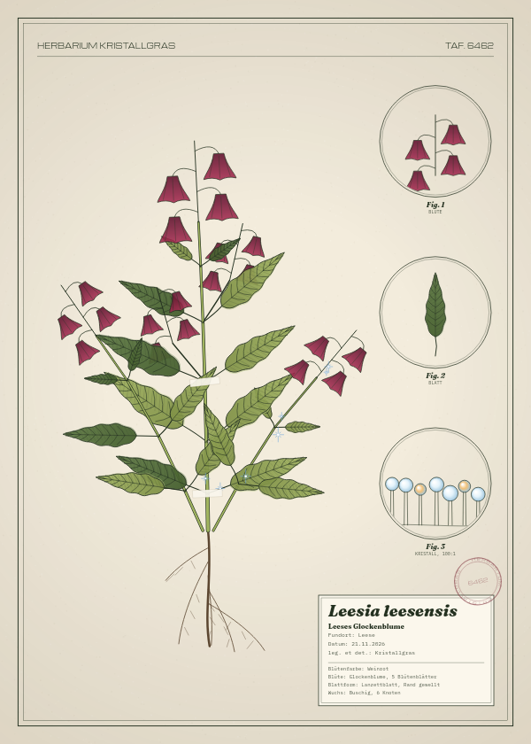 Botanische Tafel: Leesia leesensis, eine erfundene Pflanze aus Leese, gezeichnet wie in einem alten Pflanzenatlas