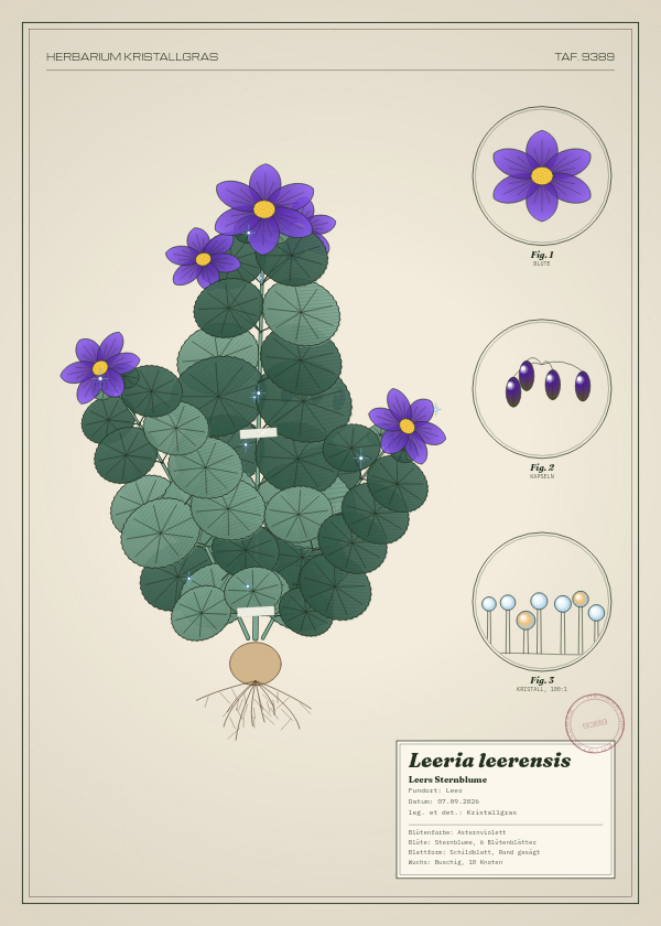 Botanische Tafel: Leeria leerensis, eine erfundene Pflanze aus Leer, gezeichnet wie in einem alten Pflanzenatlas