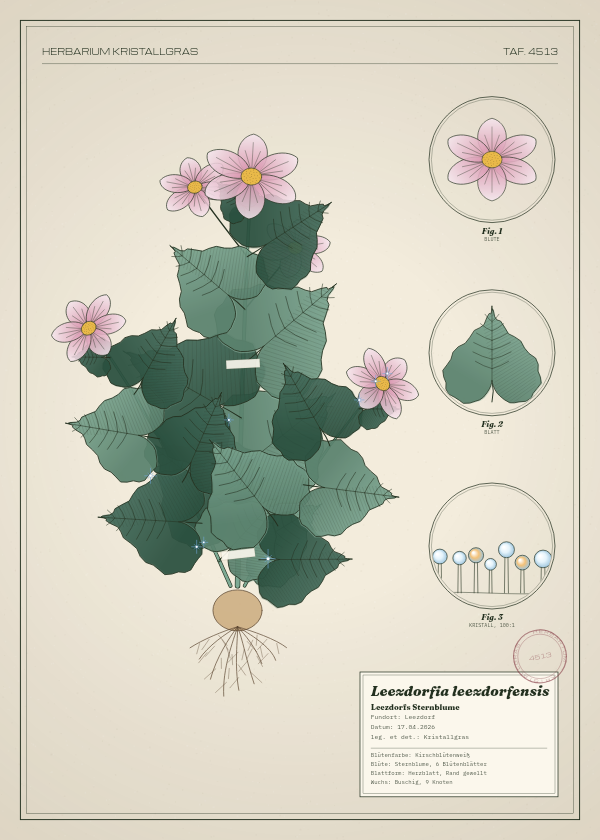 Botanische Tafel: Leezdorfia leezdorfensis, eine erfundene Pflanze aus Leezdorf, gezeichnet wie in einem alten Pflanzenatlas