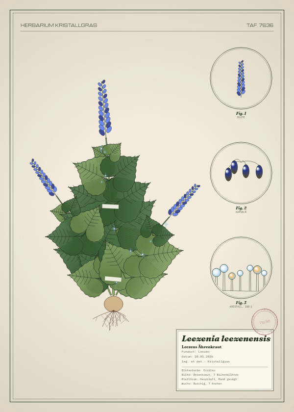 Botanische Tafel: Leezenia leezenensis, eine erfundene Pflanze aus Leezen, gezeichnet wie in einem alten Pflanzenatlas