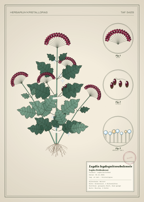 Botanische Tafel: Legdia legdequitzoebelensis, eine erfundene Pflanze aus Legde/Quitzöbel, gezeichnet wie in einem alten Pflanzenatlas
