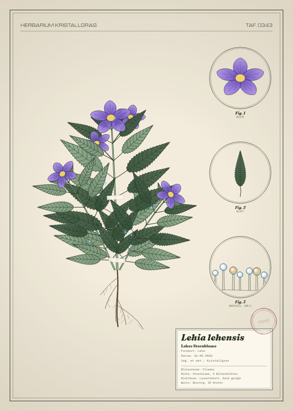 Botanische Tafel: Lehia lehensis, eine erfundene Pflanze aus Lehe, gezeichnet wie in einem alten Pflanzenatlas