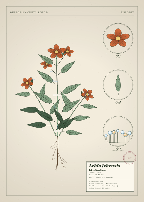 Botanische Tafel: Lehia lehensis, eine erfundene Pflanze aus Lehe, gezeichnet wie in einem alten Pflanzenatlas