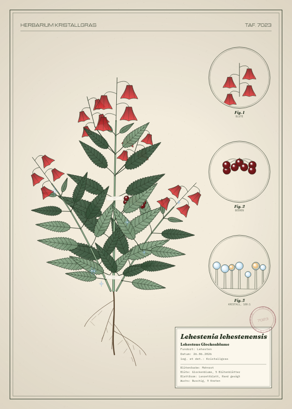 Botanische Tafel: Lehestenia lehestenensis, eine erfundene Pflanze aus Lehesten, gezeichnet wie in einem alten Pflanzenatlas