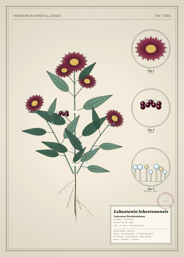 Botanische Tafel: Lehestenia lehestenensis, eine erfundene Pflanze aus Lehesten, gezeichnet wie in einem alten Pflanzenatlas