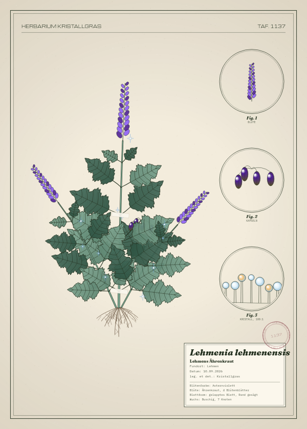 Botanische Tafel: Lehmenia lehmenensis, eine erfundene Pflanze aus Lehmen, gezeichnet wie in einem alten Pflanzenatlas